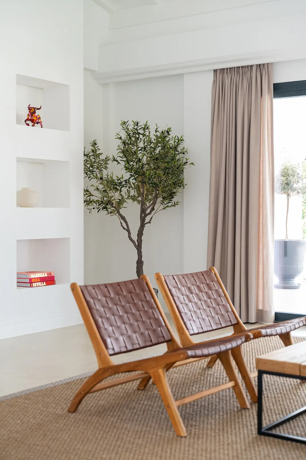 Two leather lounge chairs beside a potted olive tree in a bright living room